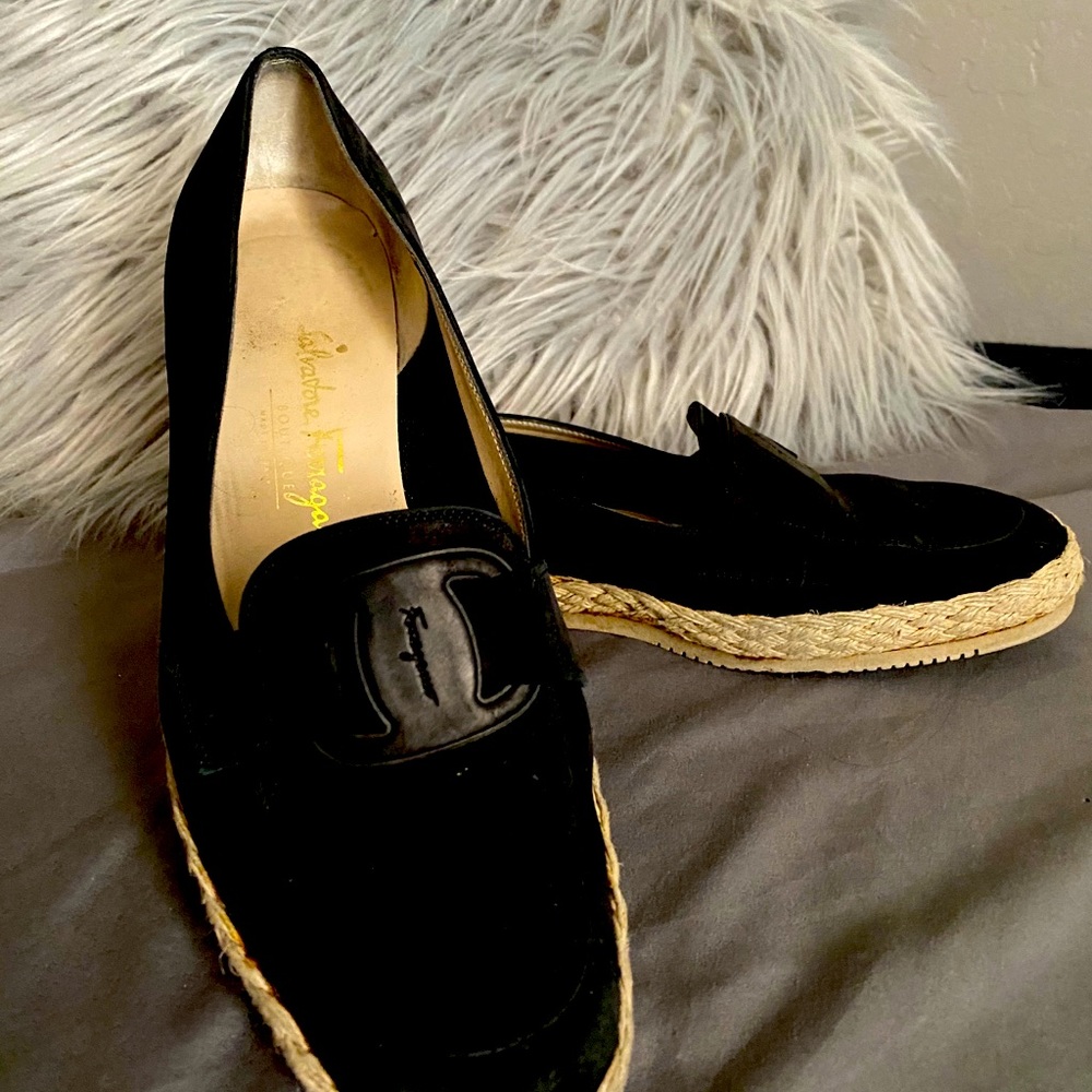 Salvatore Ferragamo Black wedge espadrilles 9 1/2